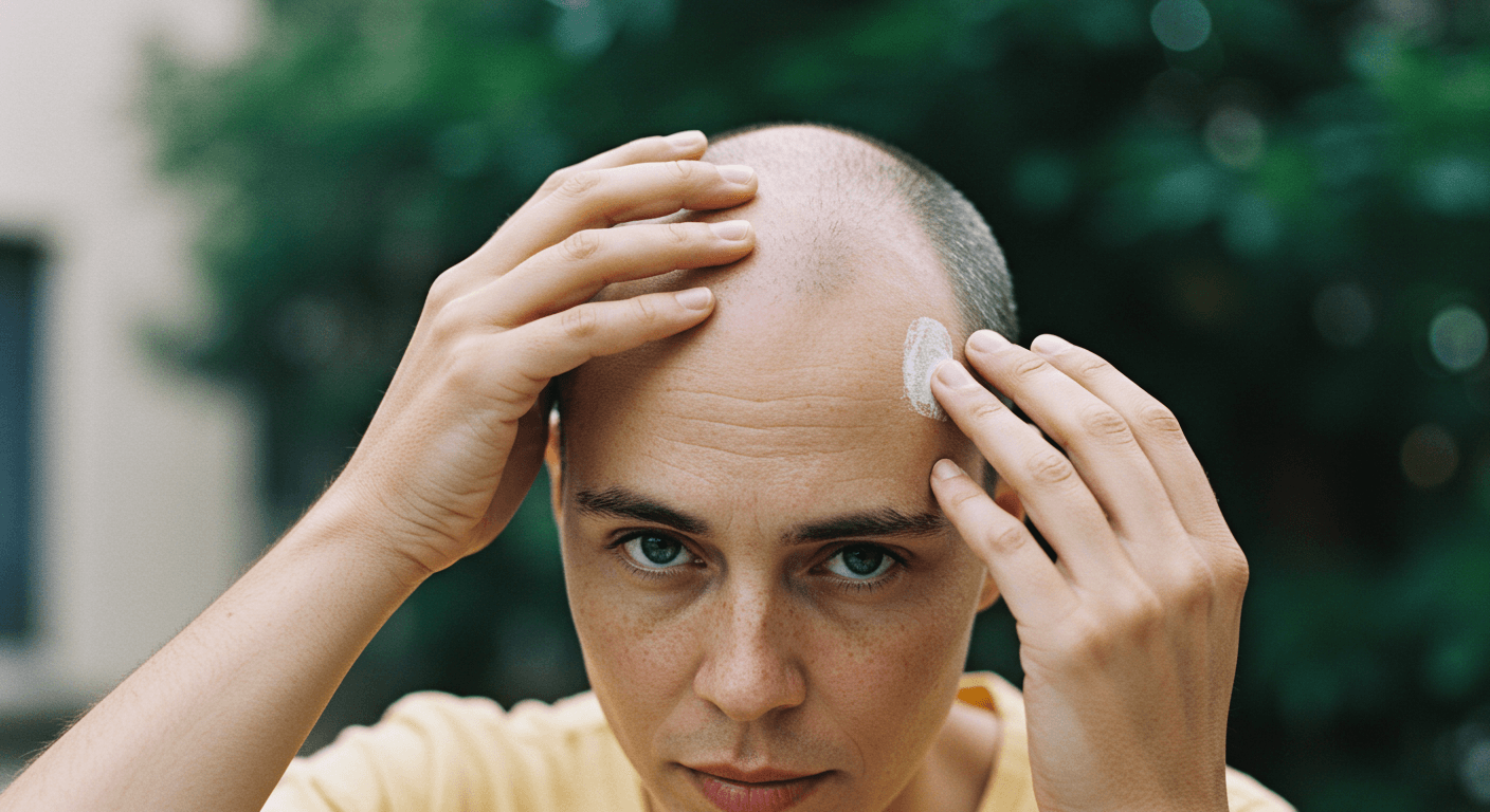 A man applying sunscreen to his exposed scalp outdoors.