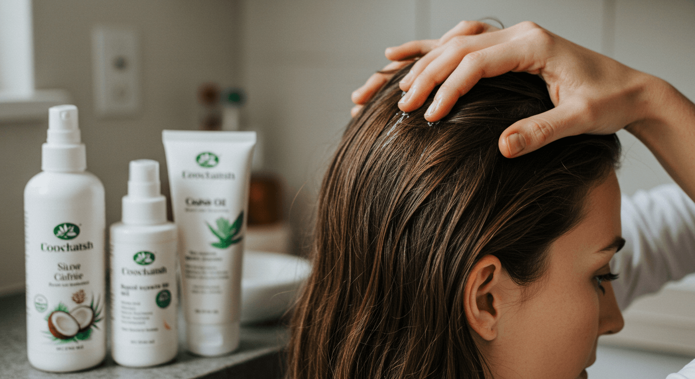 A woman applying a hydrating serum to her damp hair in a bathroom.
