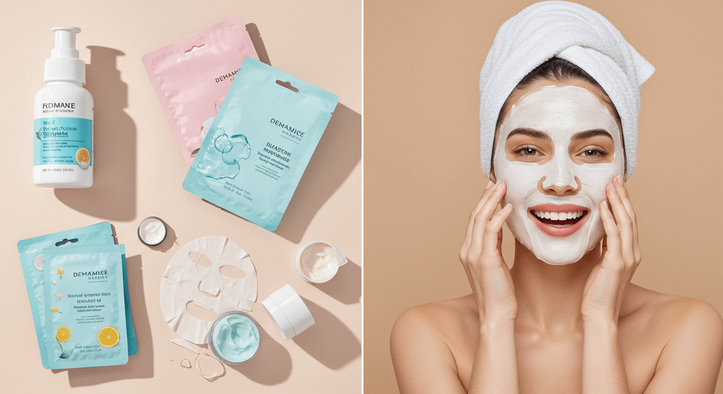 Flat lay of hydrating face masks and skincare essentials.