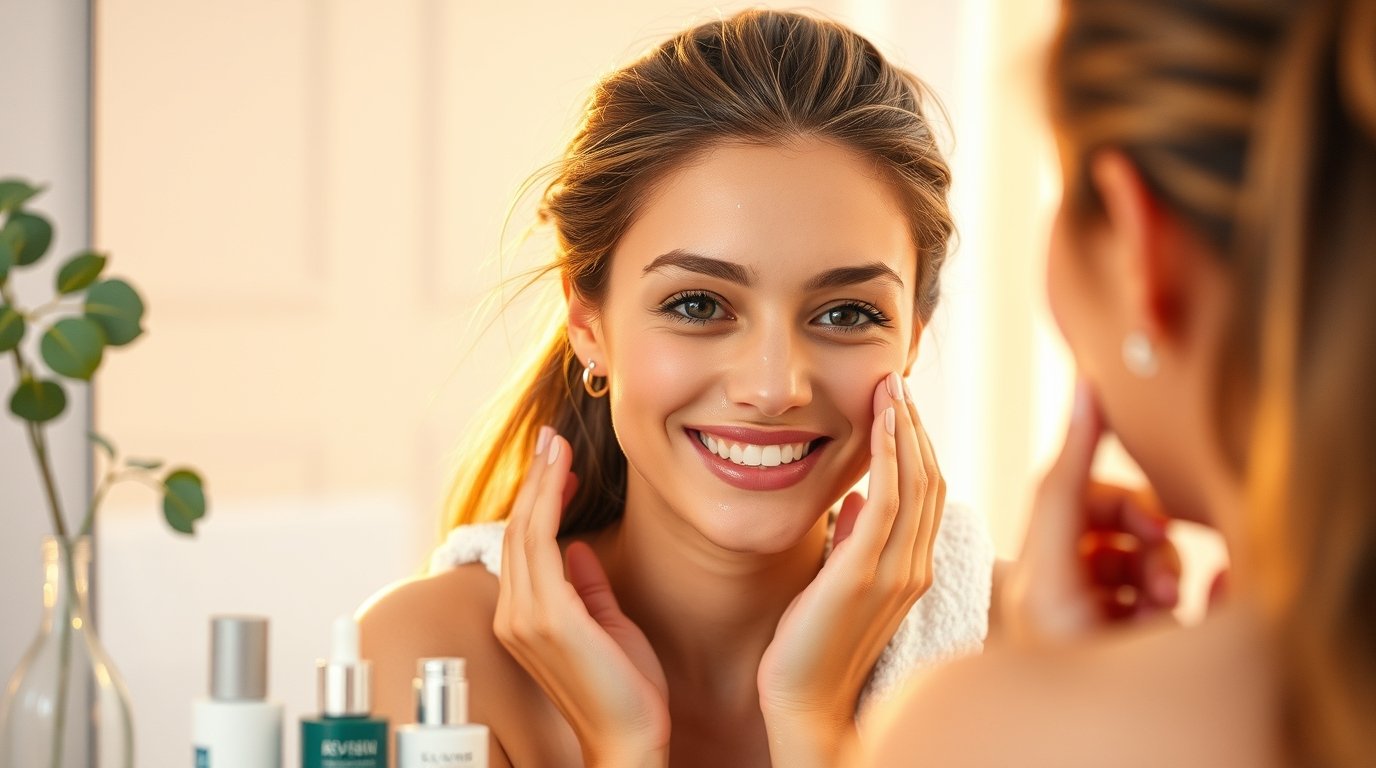 A radiant woman applying moisturizer while looking at her reflection in the mirror.