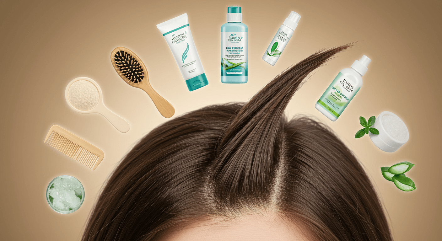 A creative composition featuring hair care tools and products encircling a scalp with healthy hair.
