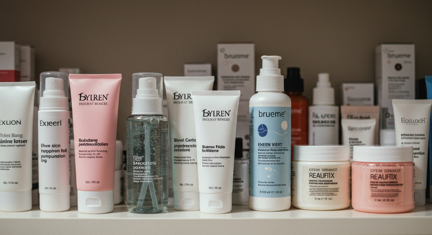 A shelf stocked with topical treatments for acne