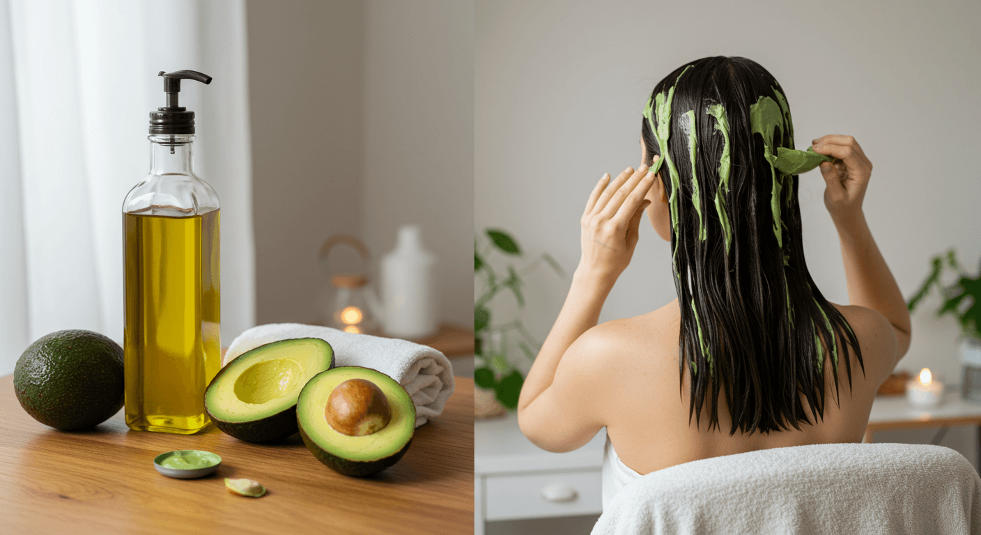 A bottle of olive oil, avocados, and a woman applying an avocado mask to her hair.