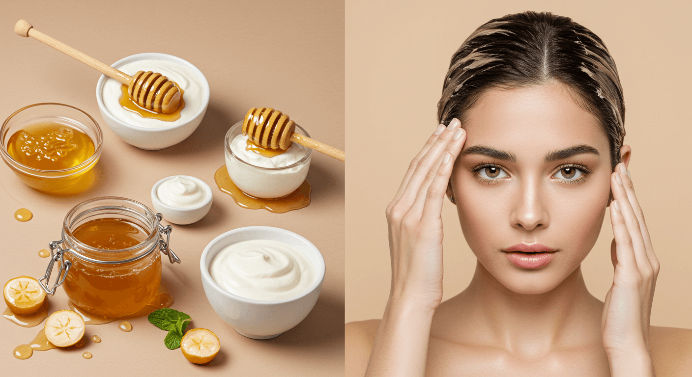 Bowls of honey and yogurt with a woman applying a hair mask made from these ingredients.