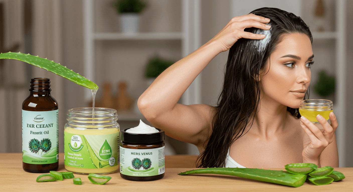 A woman applying aloe vera and castor oil to her scalp with various natural hair care products on the table.