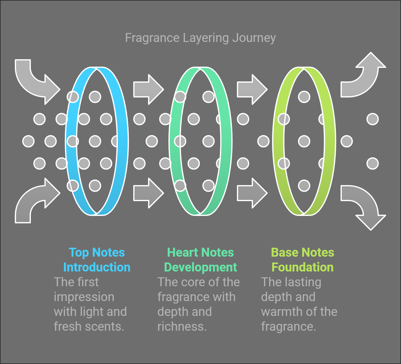 An infographic showcasing fragrance notes, including top, heart, and base notes, explained with accompanying graphics.