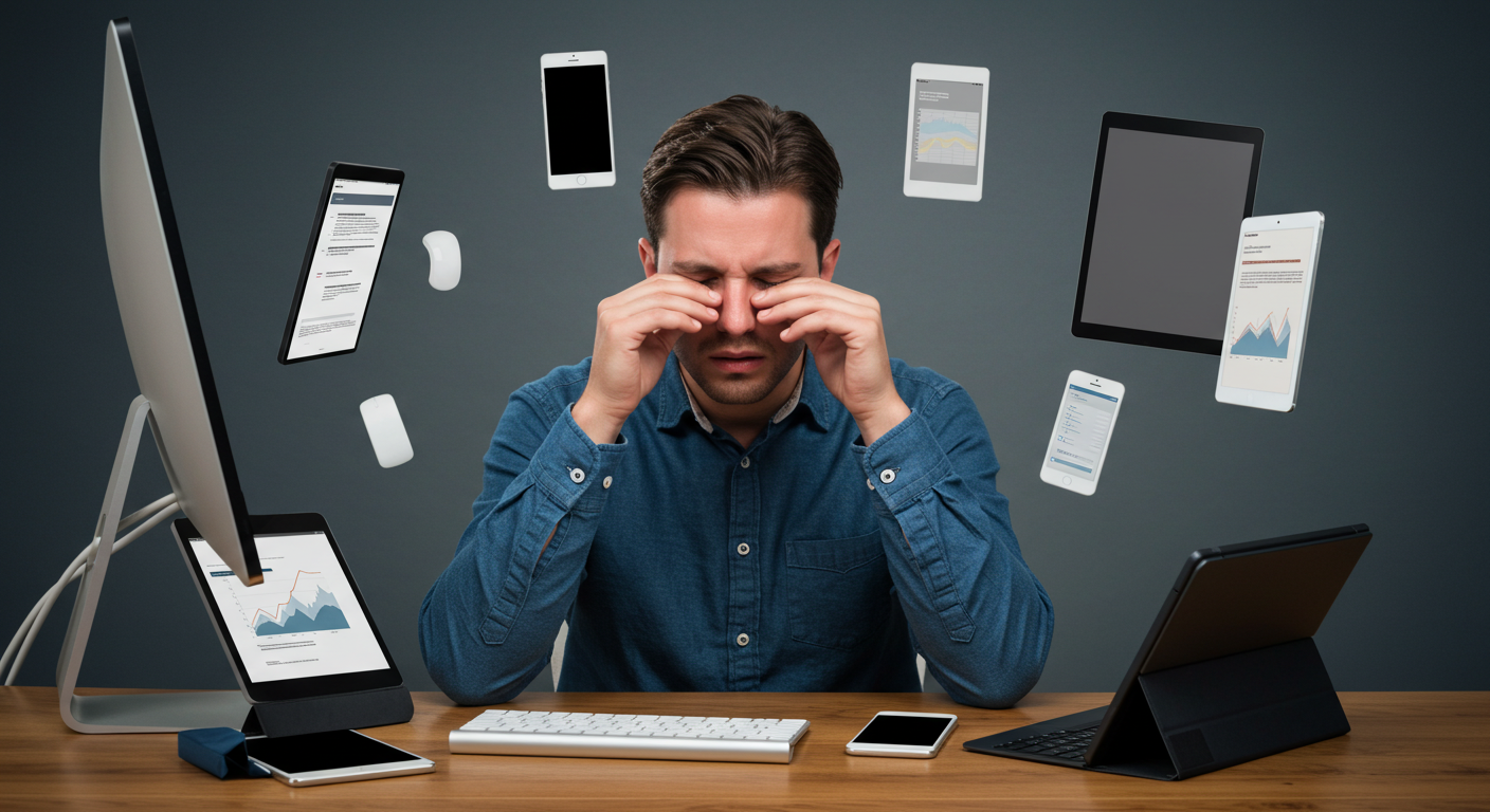 Man rubbing eyes surrounded by digital devices