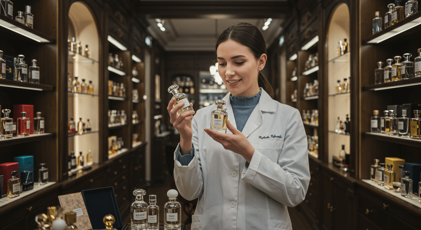 A professional perfumer in a lab coat examining two perfume bottles in a luxurious fragrance store. One of the important thing of 5 Tips for Choosing the Perfect Signature Scent.