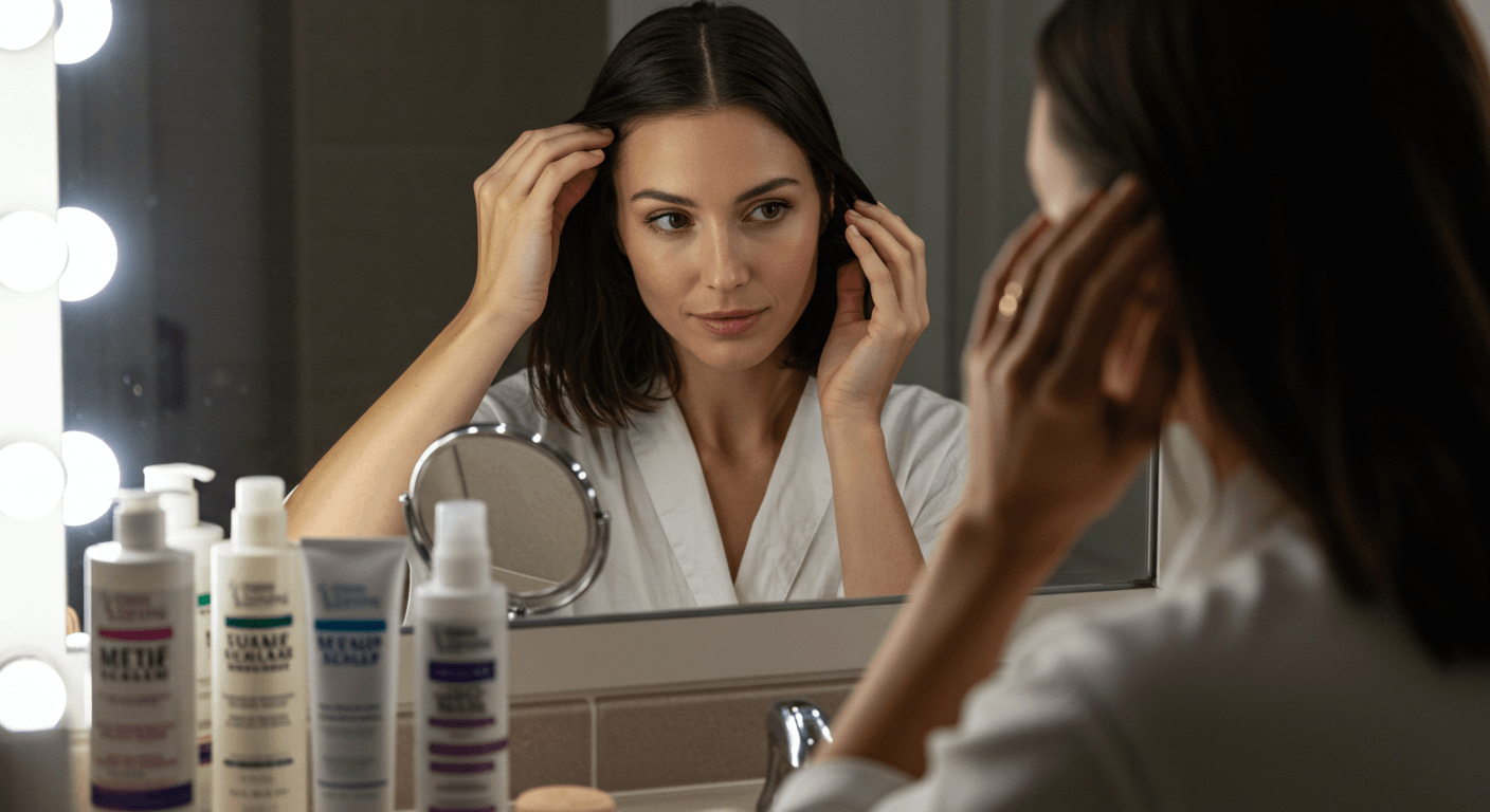 A woman inspecting her hair in the mirror under warm vanity lights.