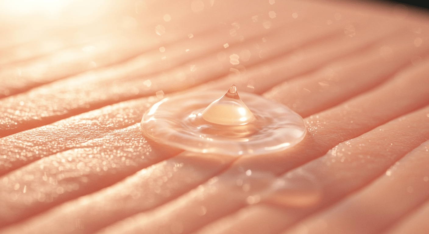 A close-up of a water droplet sitting on hydrated skin.