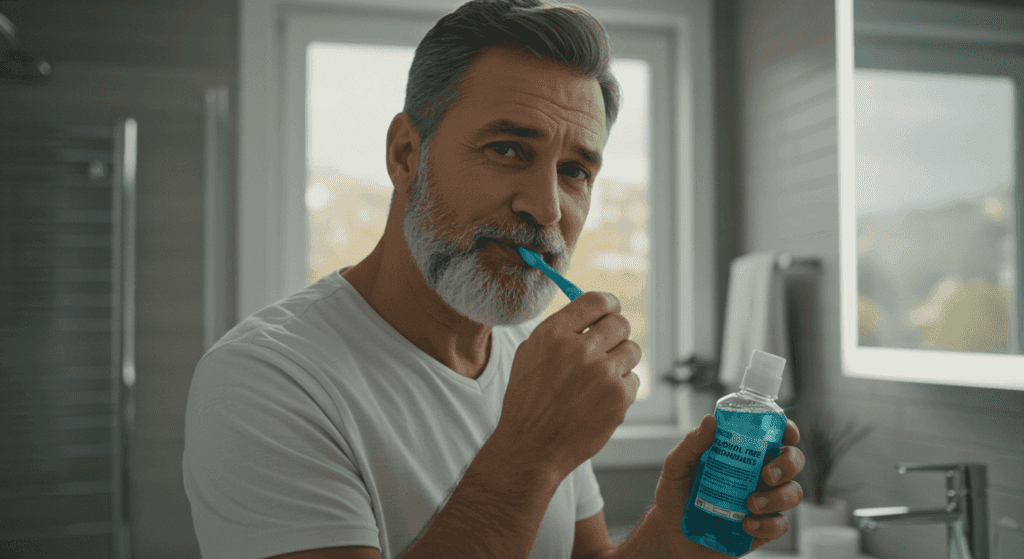 Bearded man holding mouthwash while brushing his teeth with a blue toothbrush.