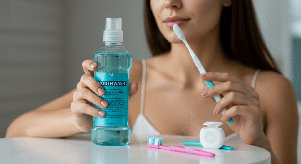 A woman showcasing a bottle of mouthwash alongside essential dental tools on a table.