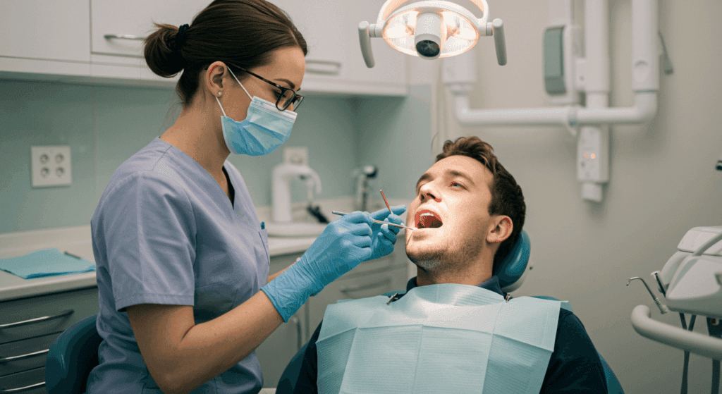 Dentist examining a patient's teeth under a bright light in a dental office.