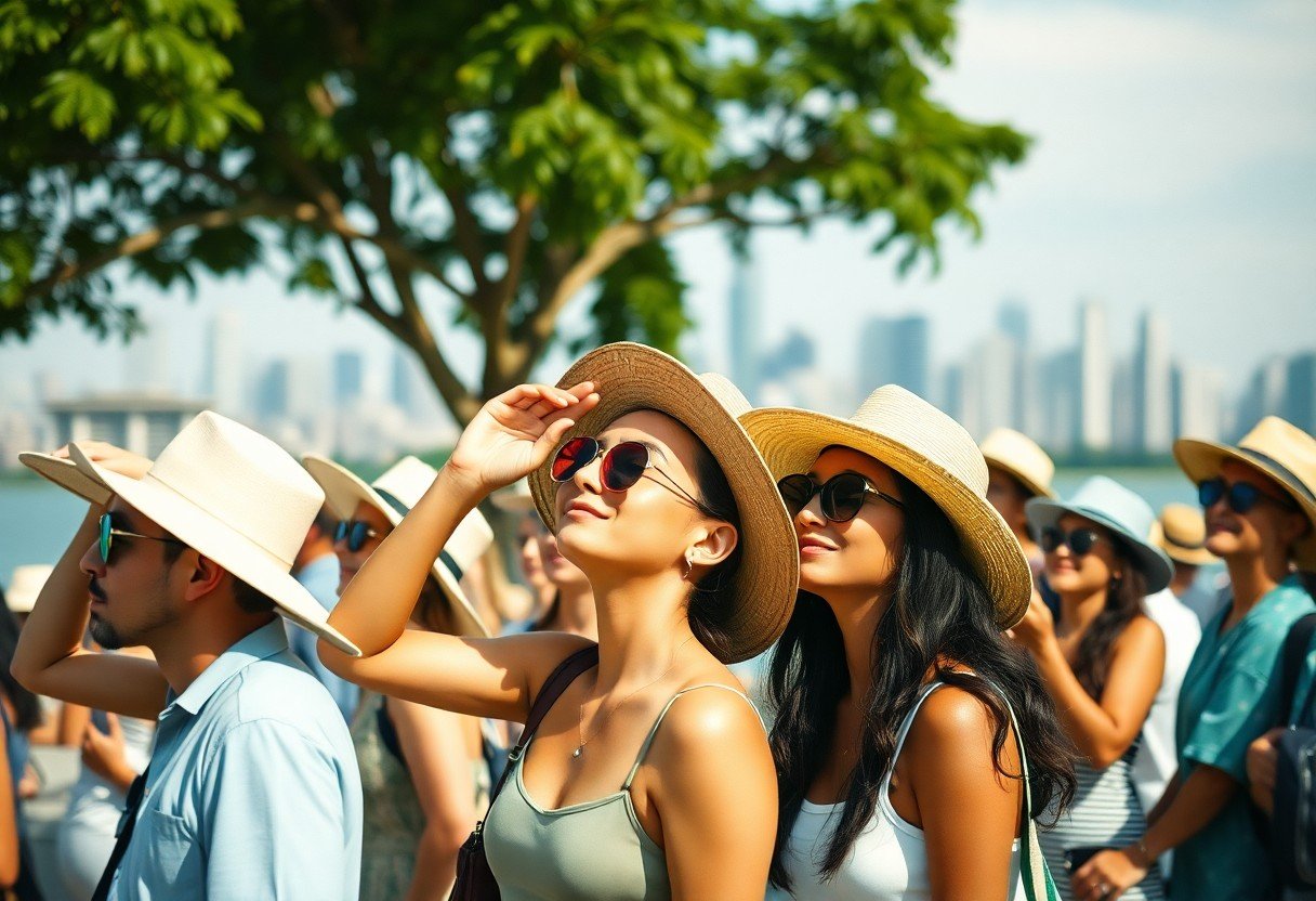 A group of people outdoors on a sunny day, wearing hats and sunglasses, with a city skyline in the background.