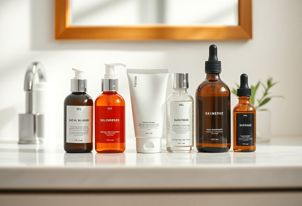 A variety of essential skincare products on a bathroom counter