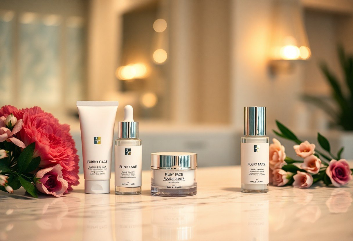 A set of luxury skincare products displayed on a marble countertop, surrounded by pink flowers, with a soft, warmly lit background.