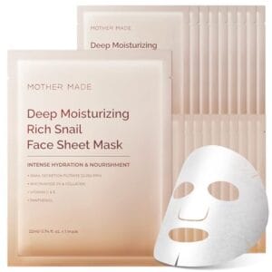 MOTHER MADE Moisturizing Anti-aging Snail Mucin Face Masks 20 EA, with Collagen, Niacinamide 2%, Squalane, Face Mask for Dry, Sensitive Skin, Stocking Stuffers, Self Care, Korean Skincare