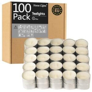 HomeLights Unscented White Tealight Candles -100 Pack, 6 to 7 Hour Burn Time Smokeless Tea Light Candles, Mini Votive Paraffin Candles with Cotton Wicks for Shabbat, Weddings, Christmas, Home Decor