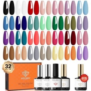 modelones 32 PCS Gel Nail Polish Set, 28 Colors Spring Gel Polish with No Wipe Base Coat, Glitter & Glossy & Matte Top Coat Black Brown Red Purple Soak Off LED Nail Art Kit Salon at Home