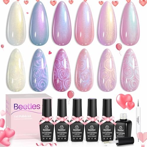 Beetles Pearl Gel Nail Polish, 6 Colors Shimmer Pearl White Pink Purple Mermaid Nail Drawing Gel Polish Soak Off Uv Gel Polish Swirl Shell Thread Effect DIY Manicure Valentine's Day Gift for Women