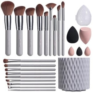 BS-MALL Makeup Brushes Premium Synthetic Foundation Powder Concealers Eye Shadows 18 Pcs Brush Set with 5 sponge & Holder Sponge Case (Grey)