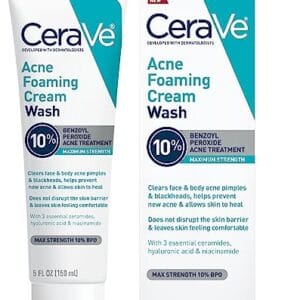 CeraVe Acne Foaming Cream Wash, Gentle Face and Body Cleanser with Benzoyl Peroxide 10%, Hyaluronic Acid, and Niacinamide, 10% Benzoyl Peroxide Treatment Clears Pimples and Blackheads 5 Oz