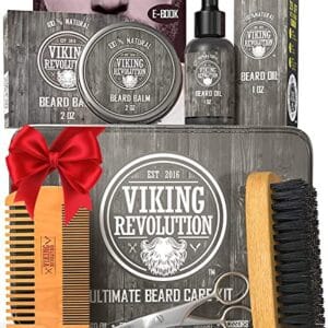 Viking Revolution Beard Care Kit for Men - Kit includes 100% Boar Beard Brush, Wooden Comb, Beard Balm, Beard Oil, Beard & Mustache Scissors in a Metal Box