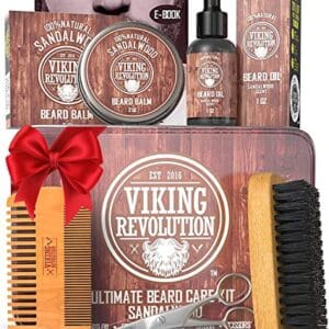 Viking Revolution Ultimate Grooming Kit for Men - Boar Brush, Wood Comb, Sandalwood Balm & Oil, Scissors for Beard & Mustache