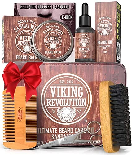 Viking Revolution Ultimate Grooming Kit for Men - Boar Brush, Wood Comb, Sandalwood Balm & Oil, Scissors for Beard & Mustache