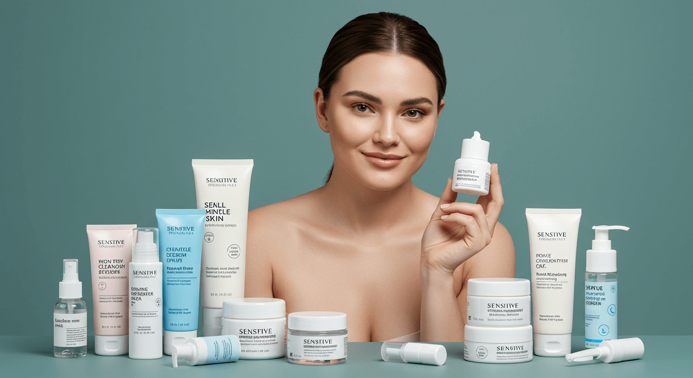 A joyful woman holding sensitive skincare products against a soft pink background.