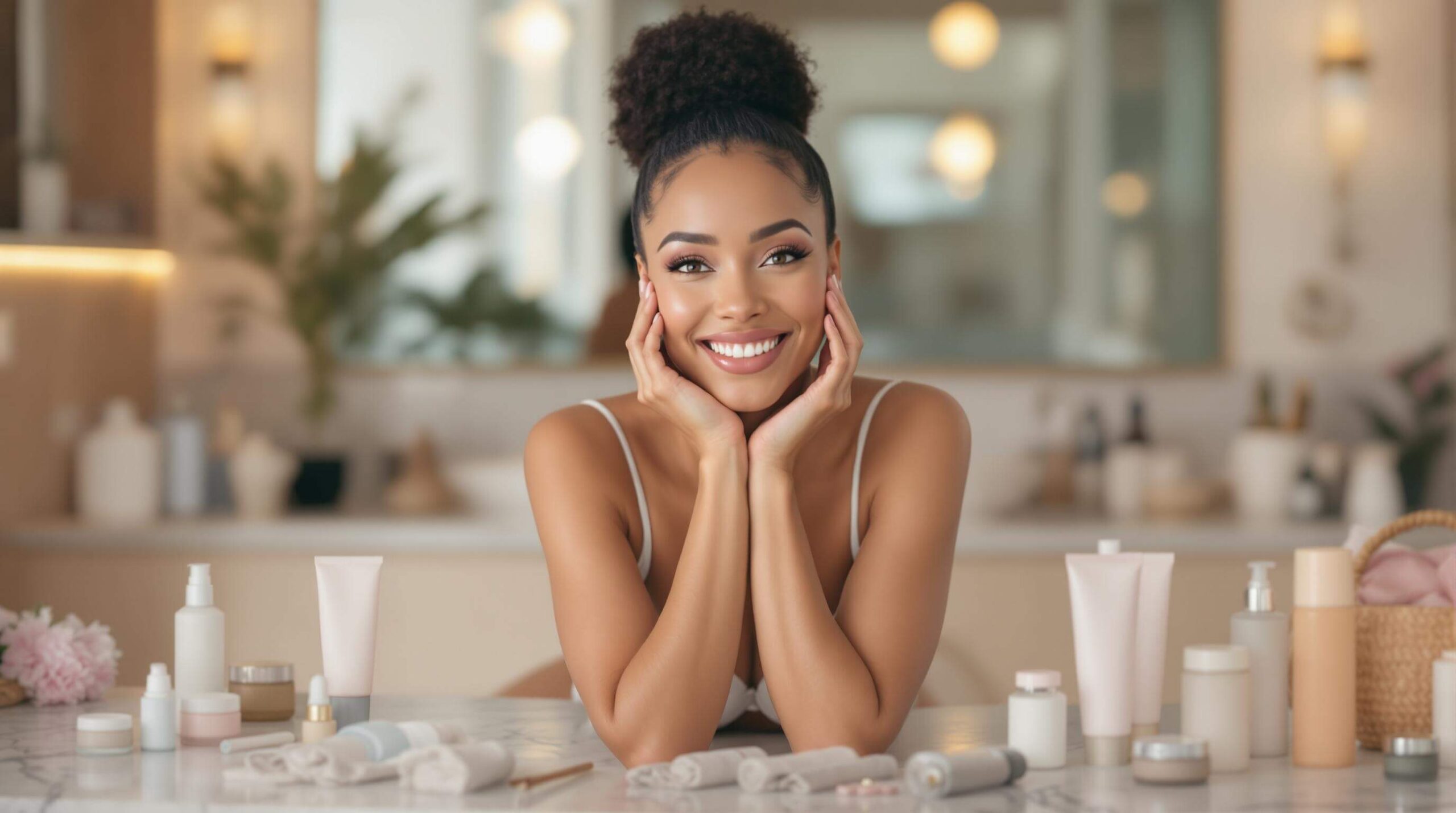 Smiling woman resting her face on her hands, surrounded by skincare products on a countertop.