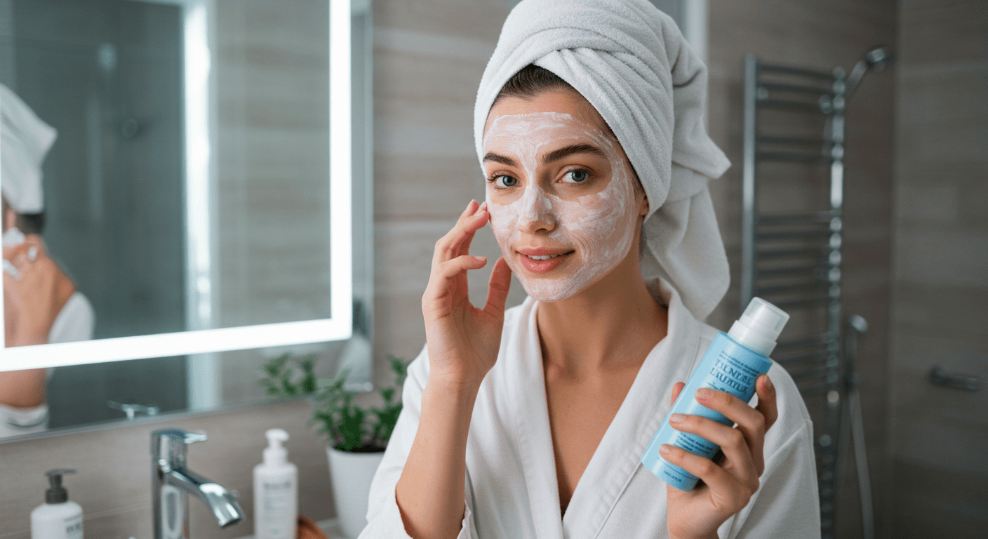 A young woman wearing a towel turban and a white robe, applying a hydrating face mask in a brightly lit bathroom.