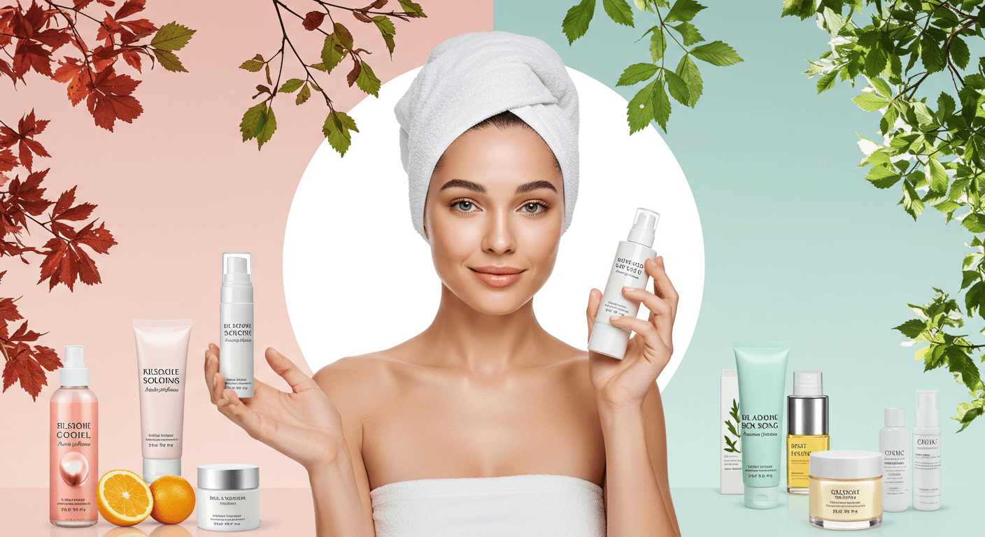 Woman holding skincare products with a backdrop showcasing seasonal changes from autumn to spring.