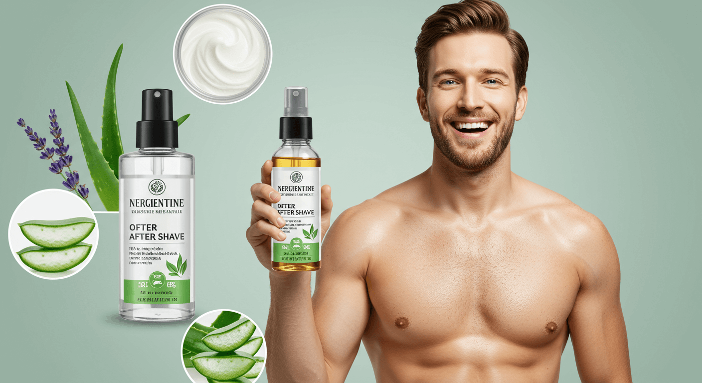 Smiling man holding an aftershave bottle surrounded by natural ingredients like aloe vera and lavender.