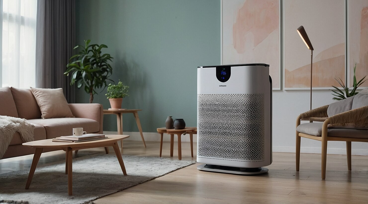 Sleek air purifier placed in a modern, cozy living room with minimalistic decor.