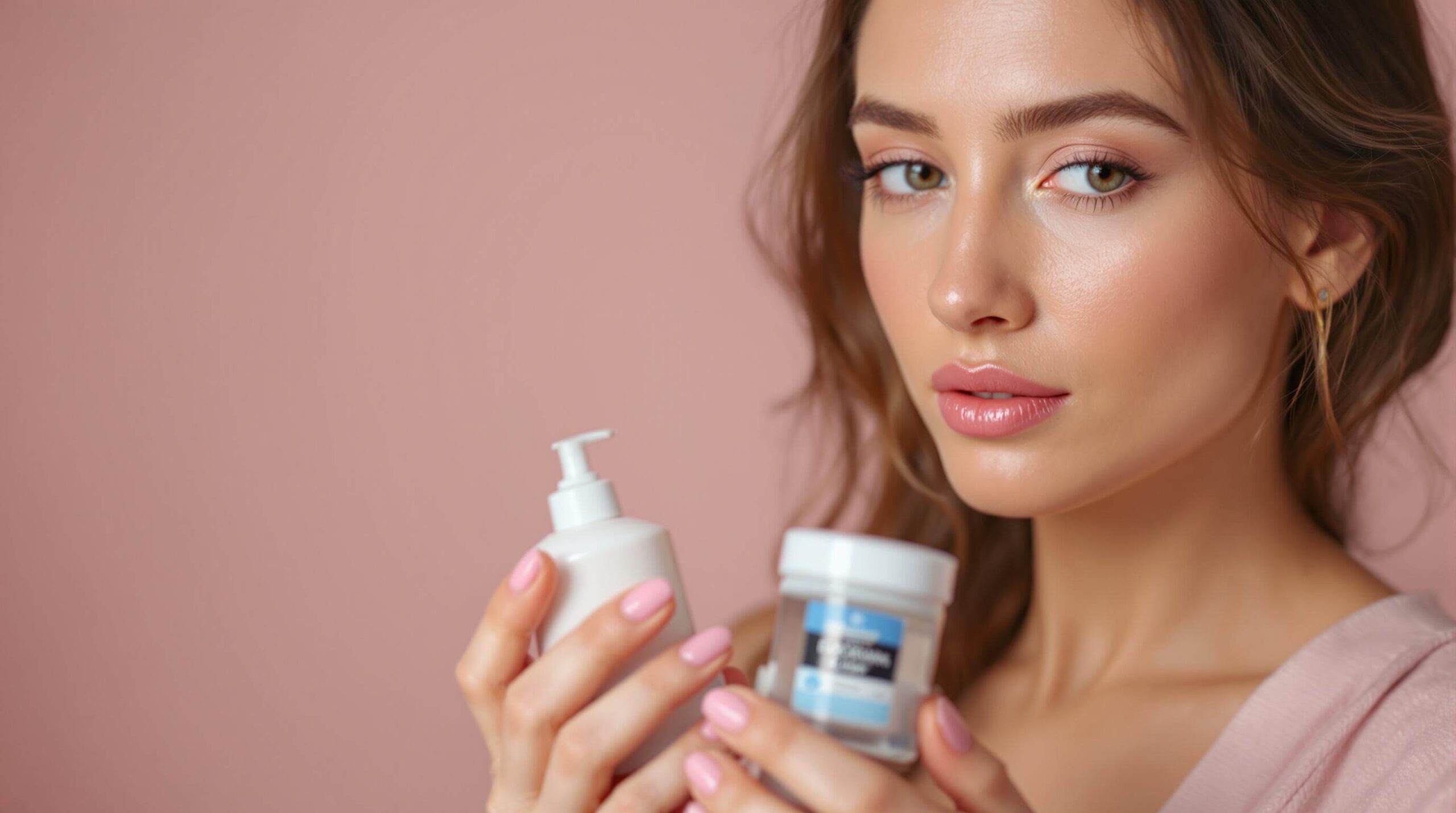 A woman holding two skincare bottles, looking concerned, with a light pink background.