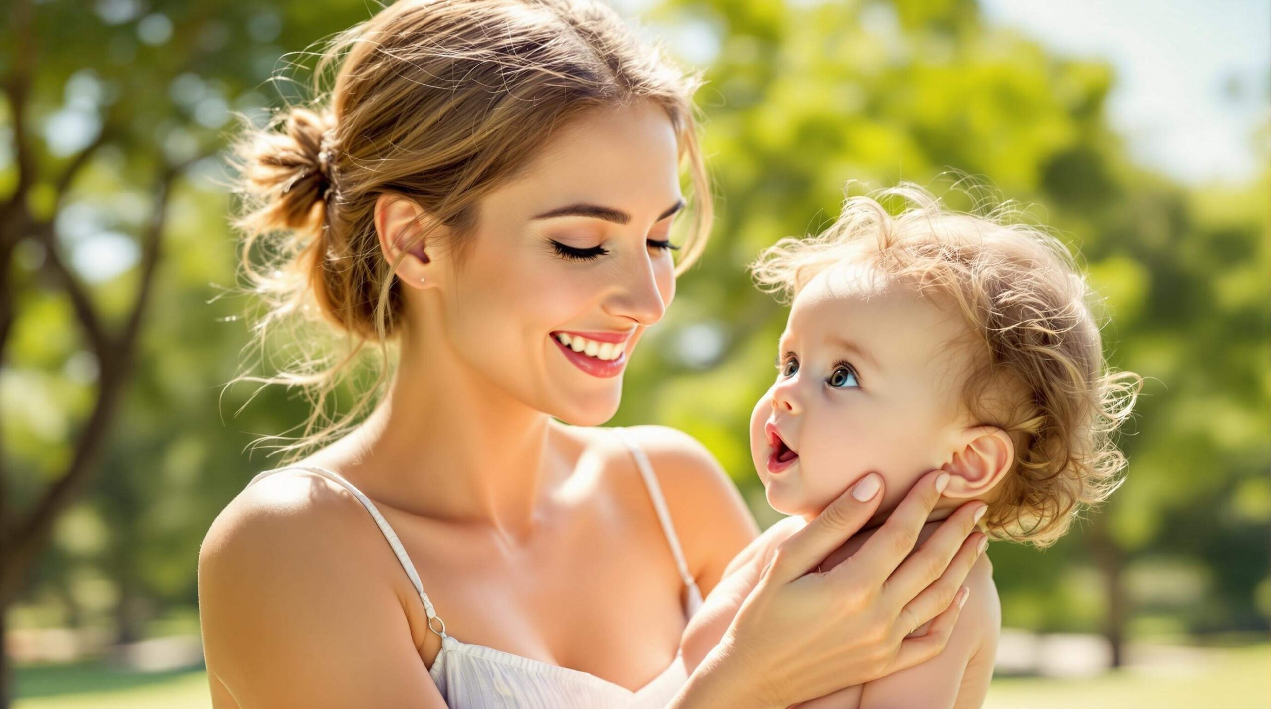 A smiling mother holding her baby outdoors on a sunny day.