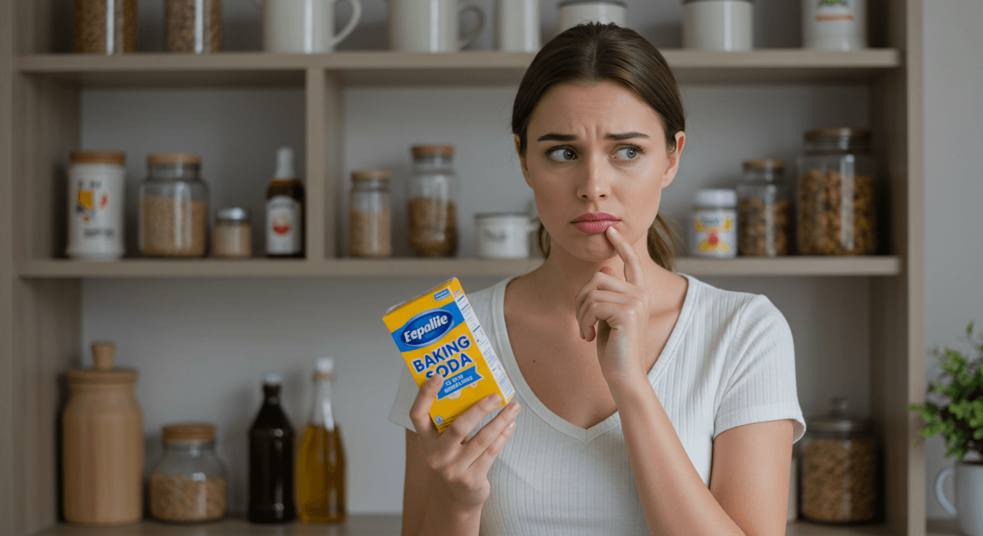 A puzzled woman holding a box of baking soda in a kitchen with shelves of jars and ingredients in the background.