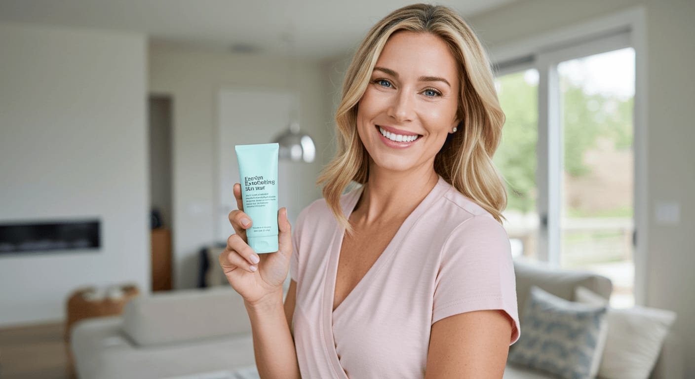 A smiling woman in a soft pink blouse holding a mint-green exfoliating skincare product in a bright, modern living room.