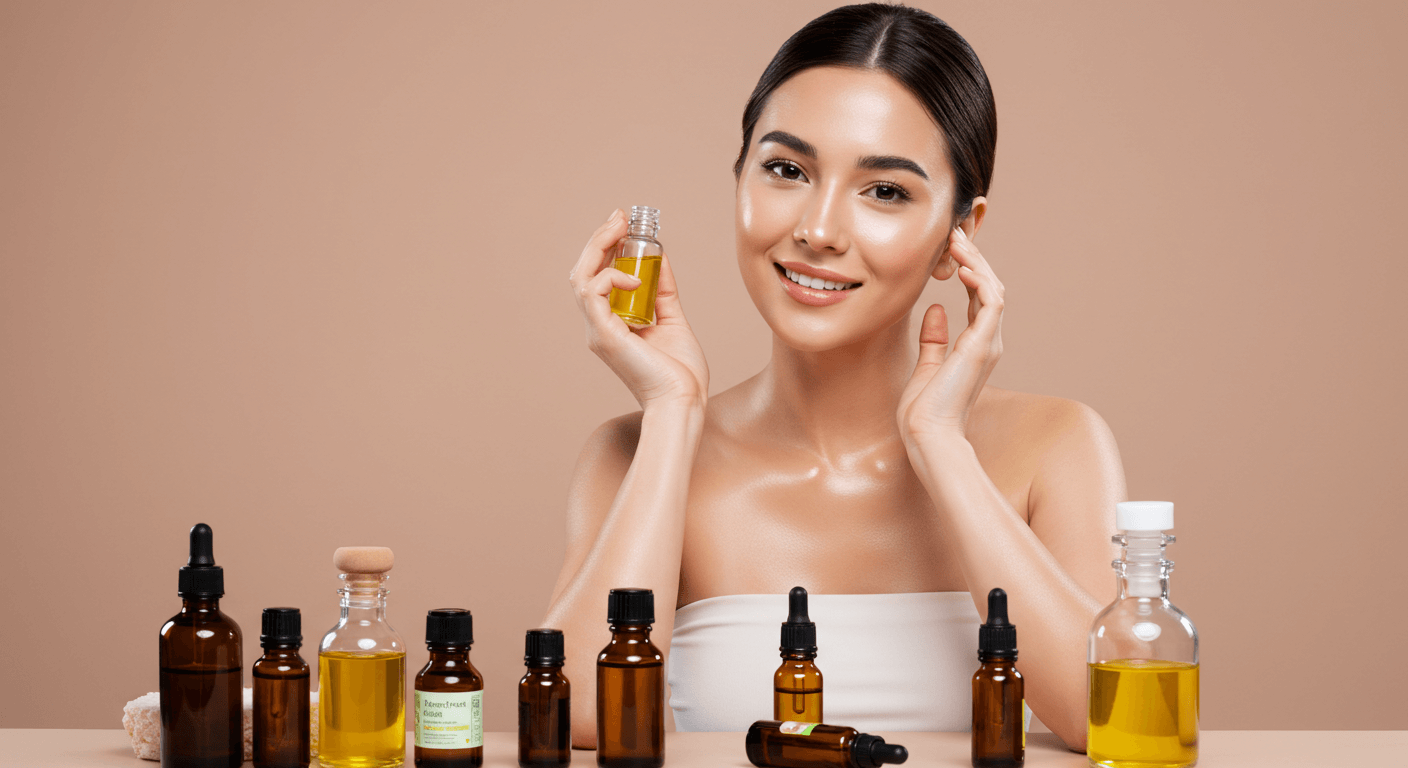 Woman holding a bottle of natural oil, surrounded by various essential oil bottles on a neutral background.