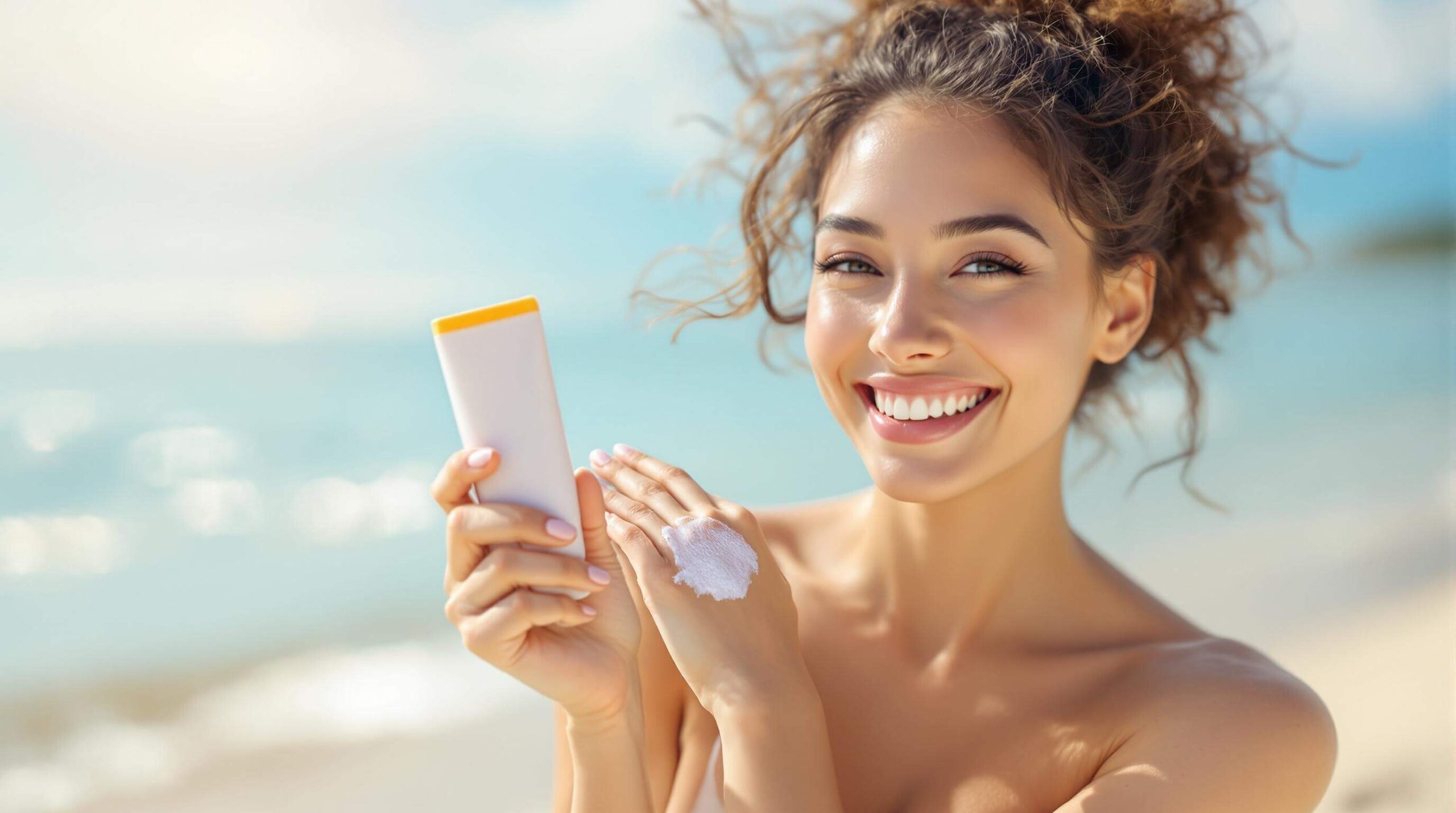 A woman holding sunscreen and showing a dollop on her hand at the beach.