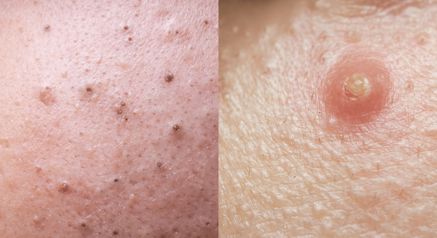 Close-up images of blackheads on the left and a whitehead on the right, highlighting common skin concerns.