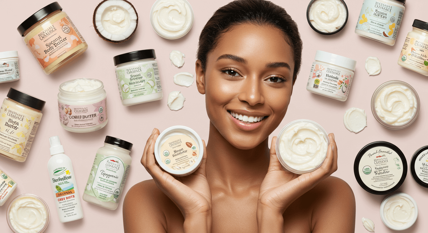 Woman holding two jars of body butter surrounded by various organic skincare products.
