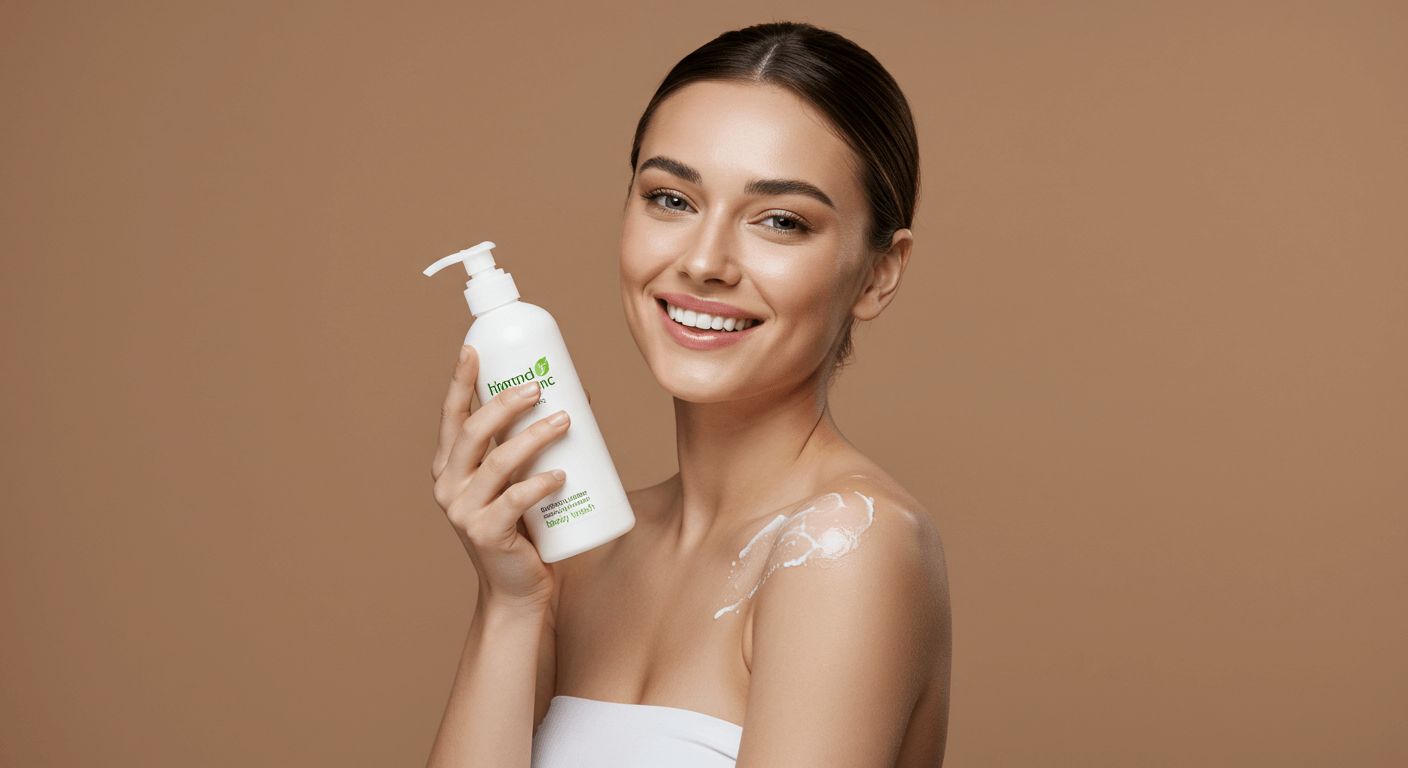 Woman smiling while holding a bottle of body wash, with cream applied on her shoulder.