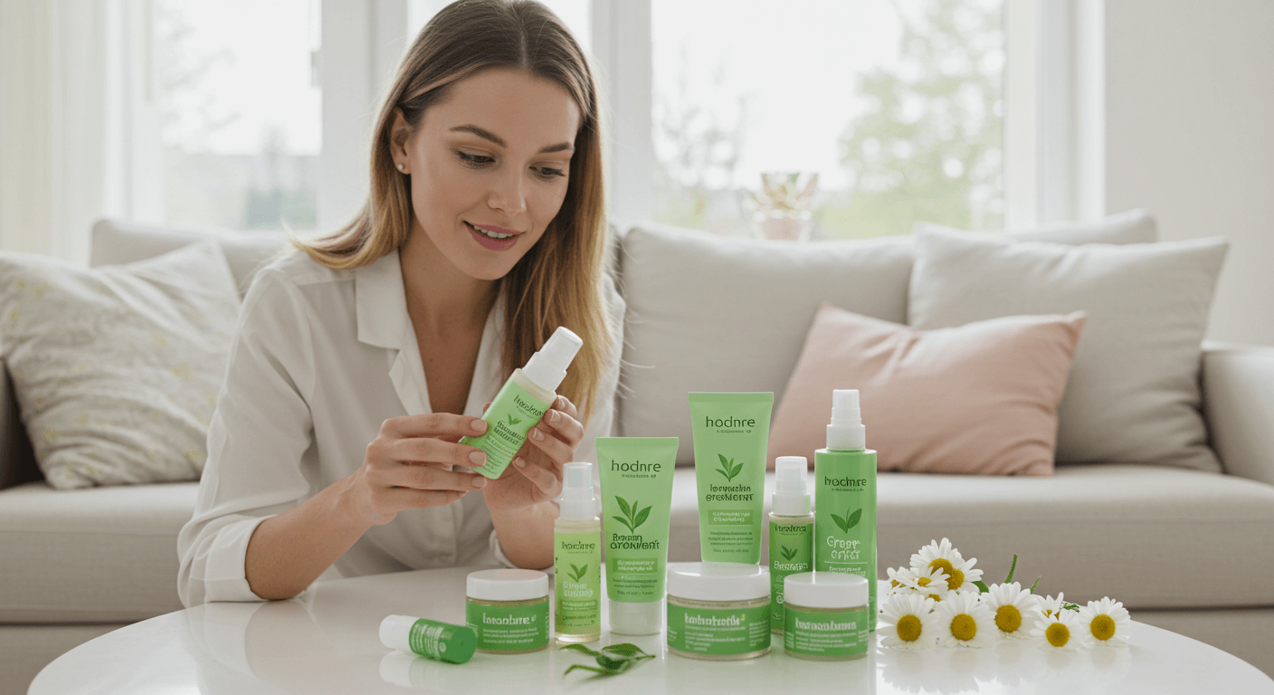 A woman examining a green skincare product while sitting at a white table surrounded by matching green products in a cozy living room.
