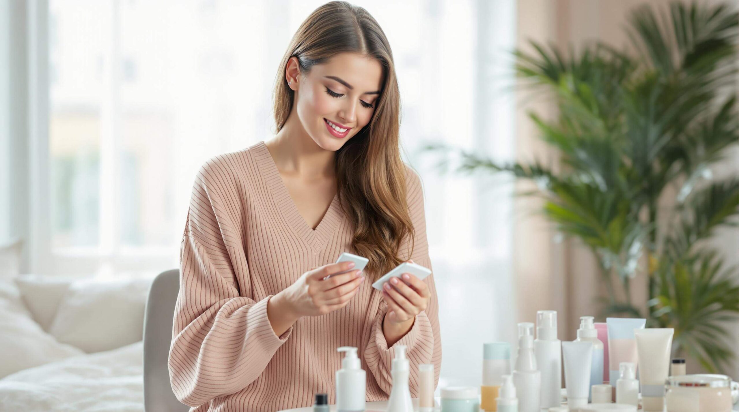 A young woman in a cozy setting examining skincare product packaging with various beauty items on the table.