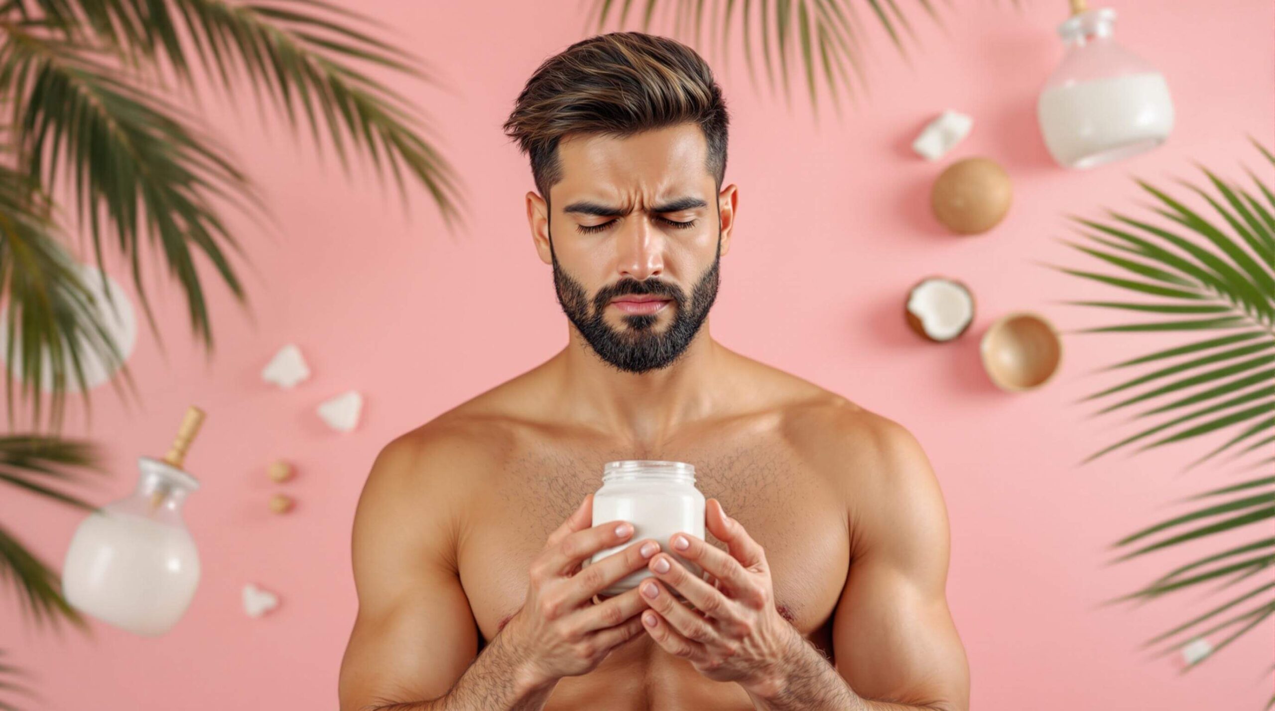 A man holding a jar of coconut oil with a skeptical expression, surrounded by tropical elements on a pink background.