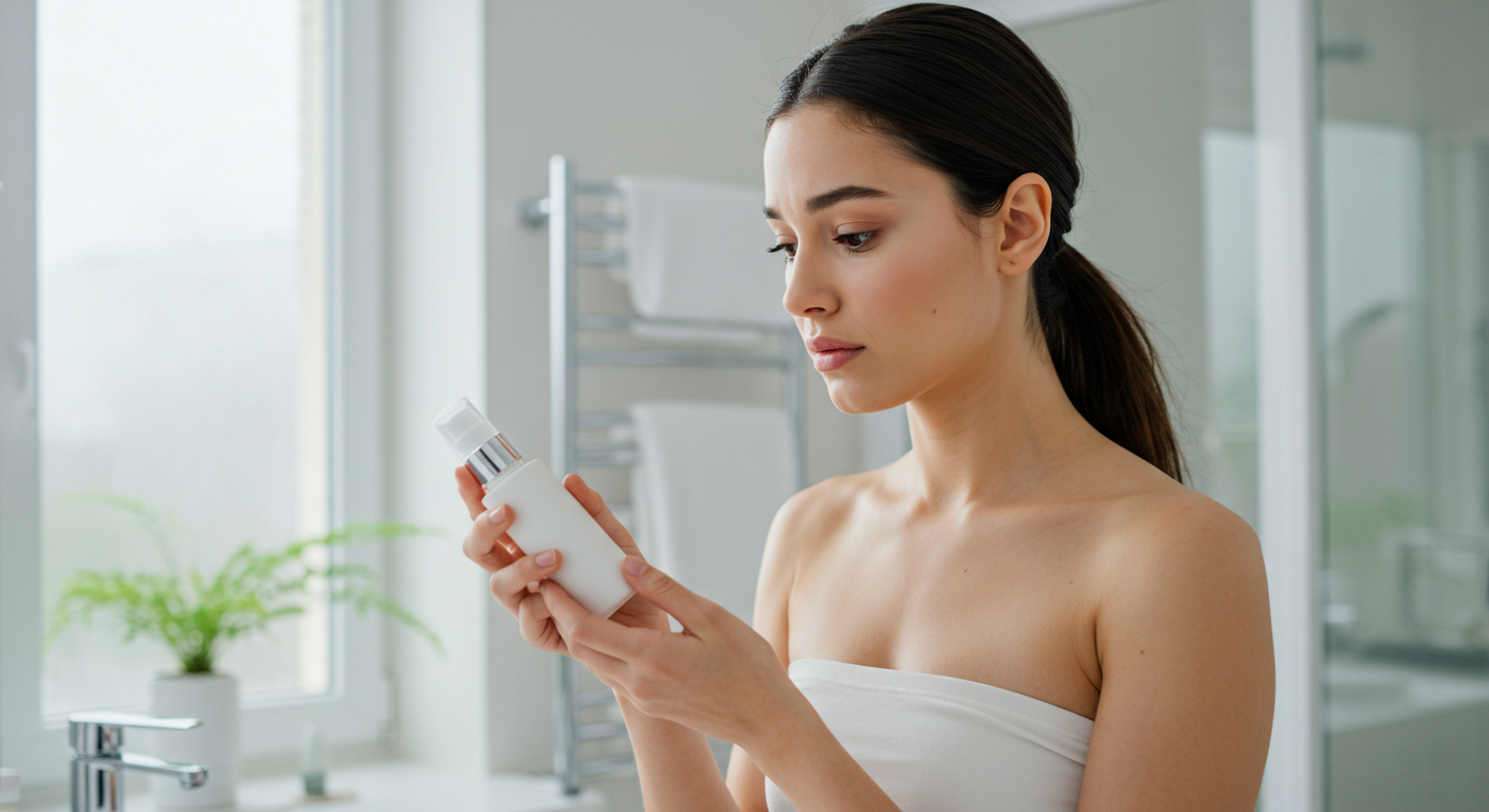 A thoughtful woman examining a skincare product bottle in a bright and modern bathroom.