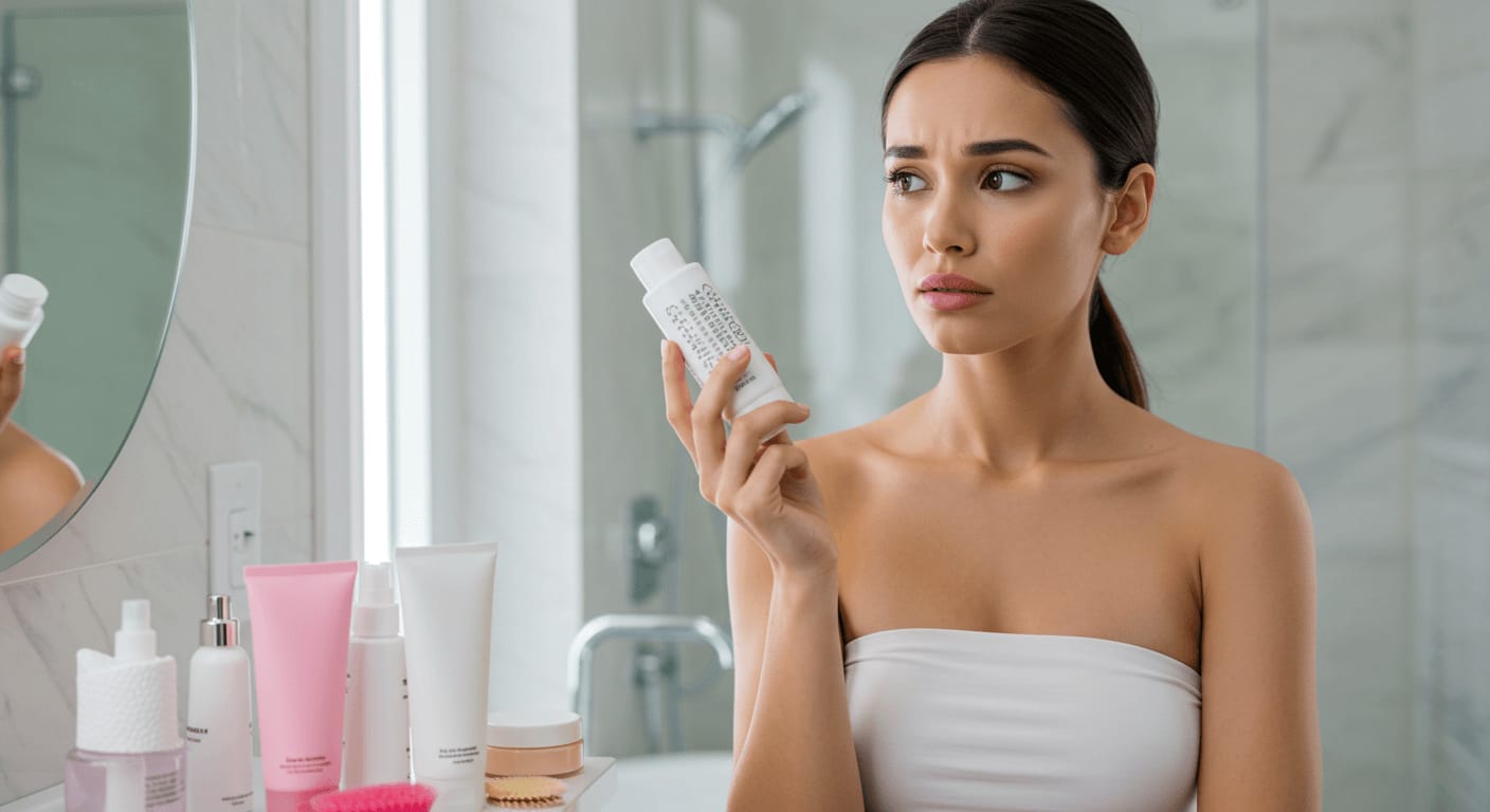 A woman in a white towel looks uncertain while examining a skincare product in a modern bathroom filled with various beauty products.