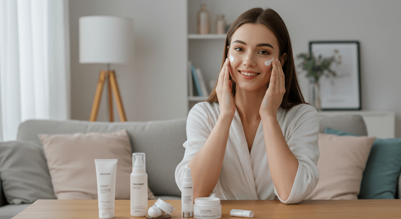 A smiling woman in a white robe applying moisturizer to her cheeks while sitting at a wooden table with skincare products in a cozy living room.